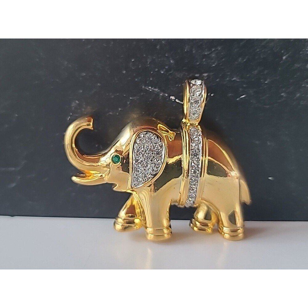 Elephant Shaped Gold Tone Metal Rhinestone Pendant Vintage Costume Jewelry